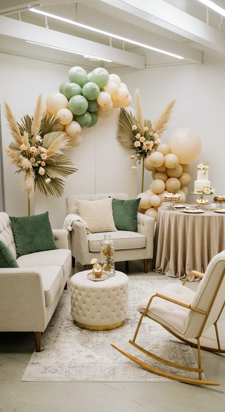 Neutrale loungehoek met beige fluwelen tafelkleed en olijfgroene kussens.