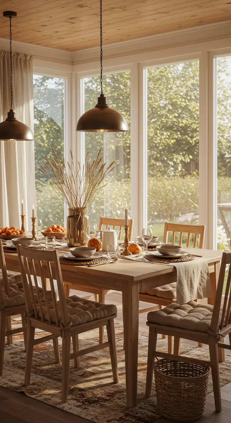 Lichte eethoek met houten tafel, beige stoelkussens en droogbloemen.