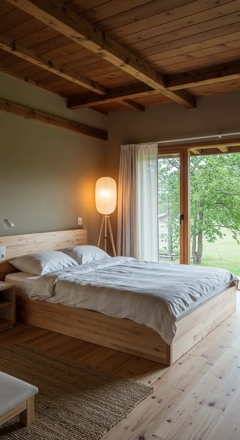 Slaapkamer met laag houten bed, groot raam met groen uitzicht, houten plafond en vloerlamp.