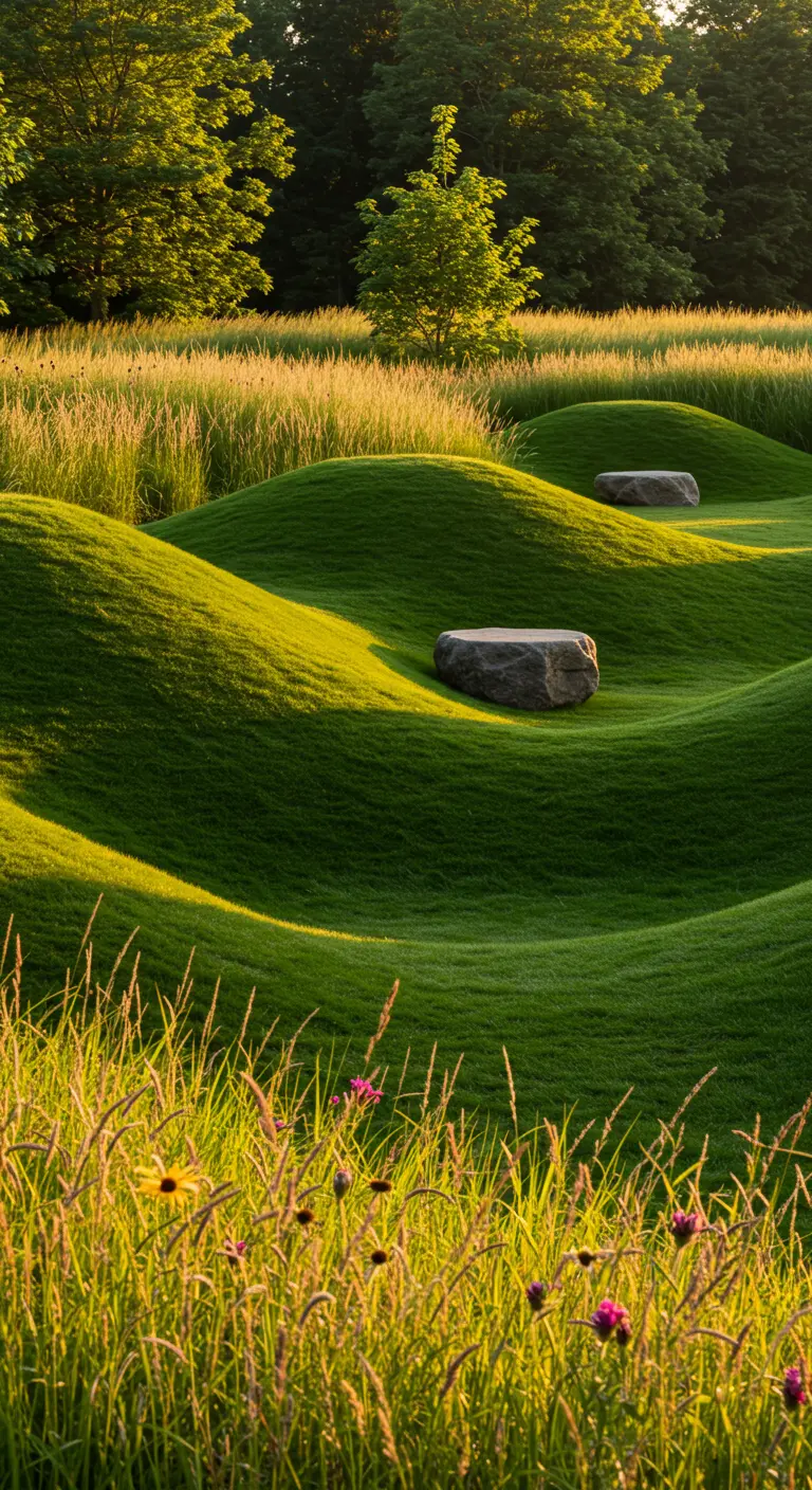 Glooiend groen graslandschap met grote zwerfkeien als natuurlijke zitplaatsen.