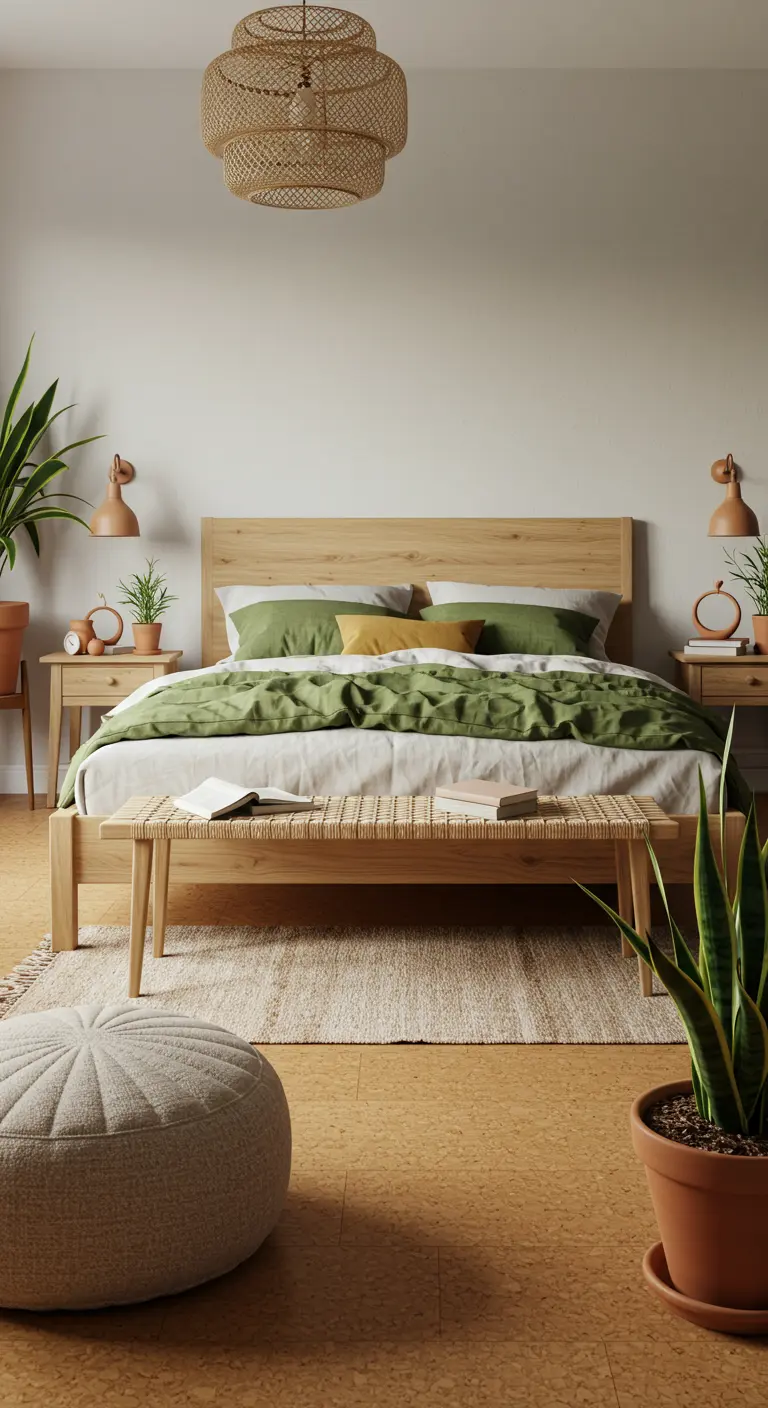 Natuurlijke slaapkamer met houten bed, geweven bankje en een ronde stoffen poef.