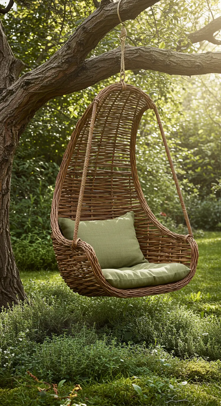 Rotan hangstoel met groen kussen hangend aan boomtak in groene tuin.