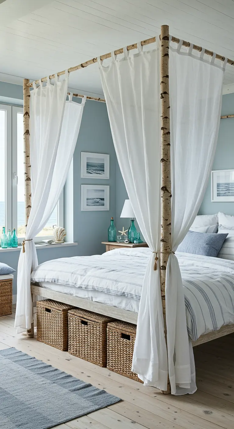Houten bedframe omgetoverd tot hemelbed met berkenstammen en witte gordijnen, kuststijl.