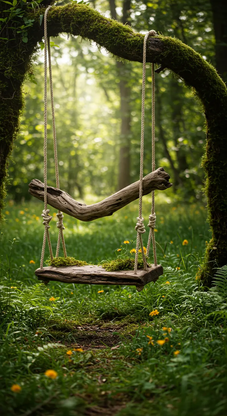 Schommel gemaakt van een natuurlijke, grillige tak en een houten plank in een bos.