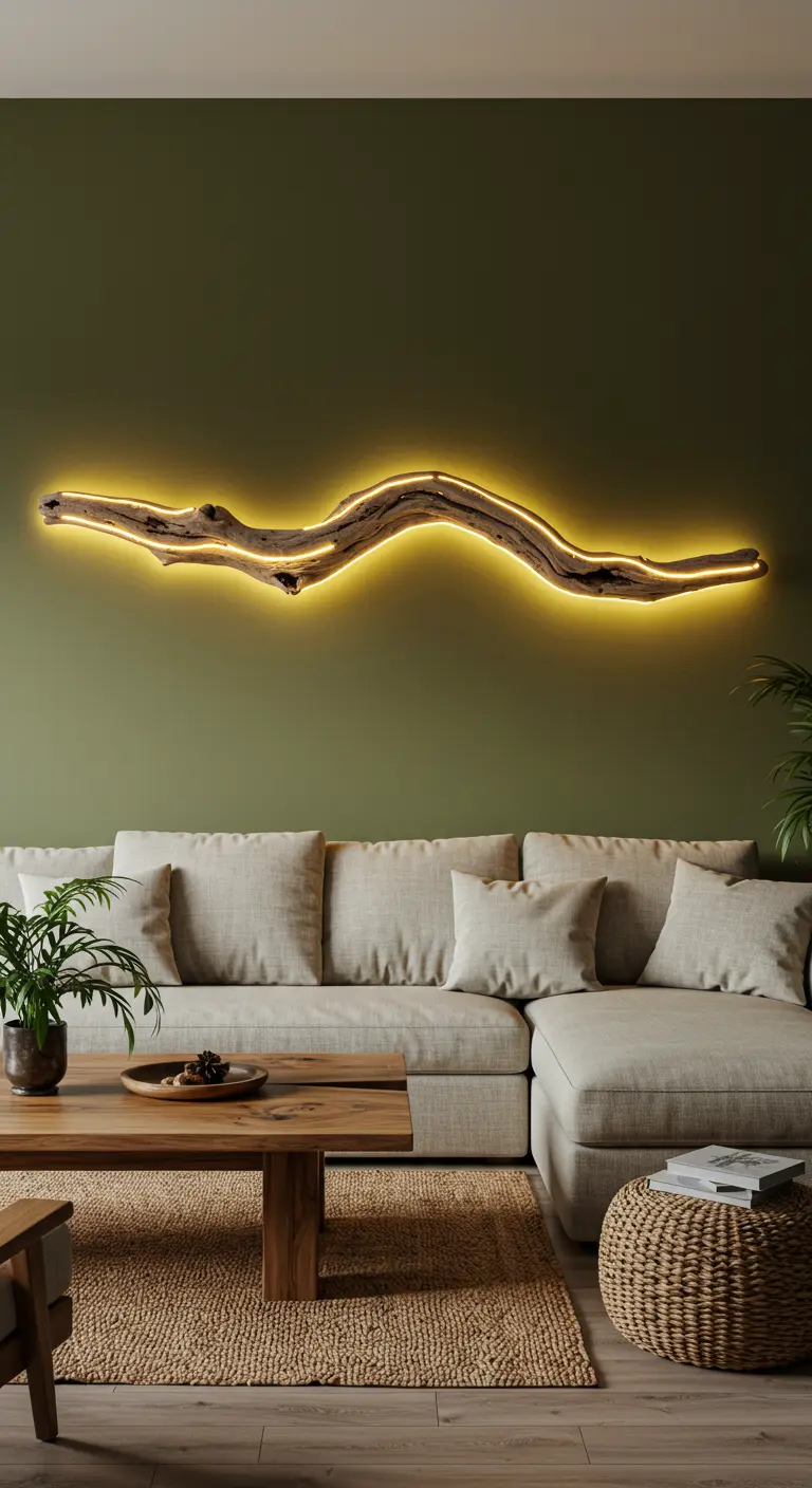 Woonkamer met olijfgroene muur en een wandlamp van drijfhout met LED-verlichting.