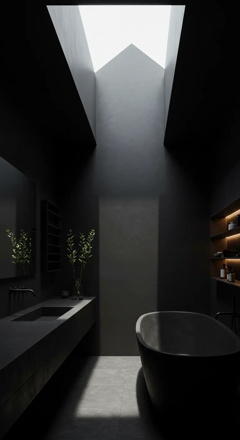 Donkere badkamer met opvallend dakraam, minimalistisch design en zachte schaduwen.