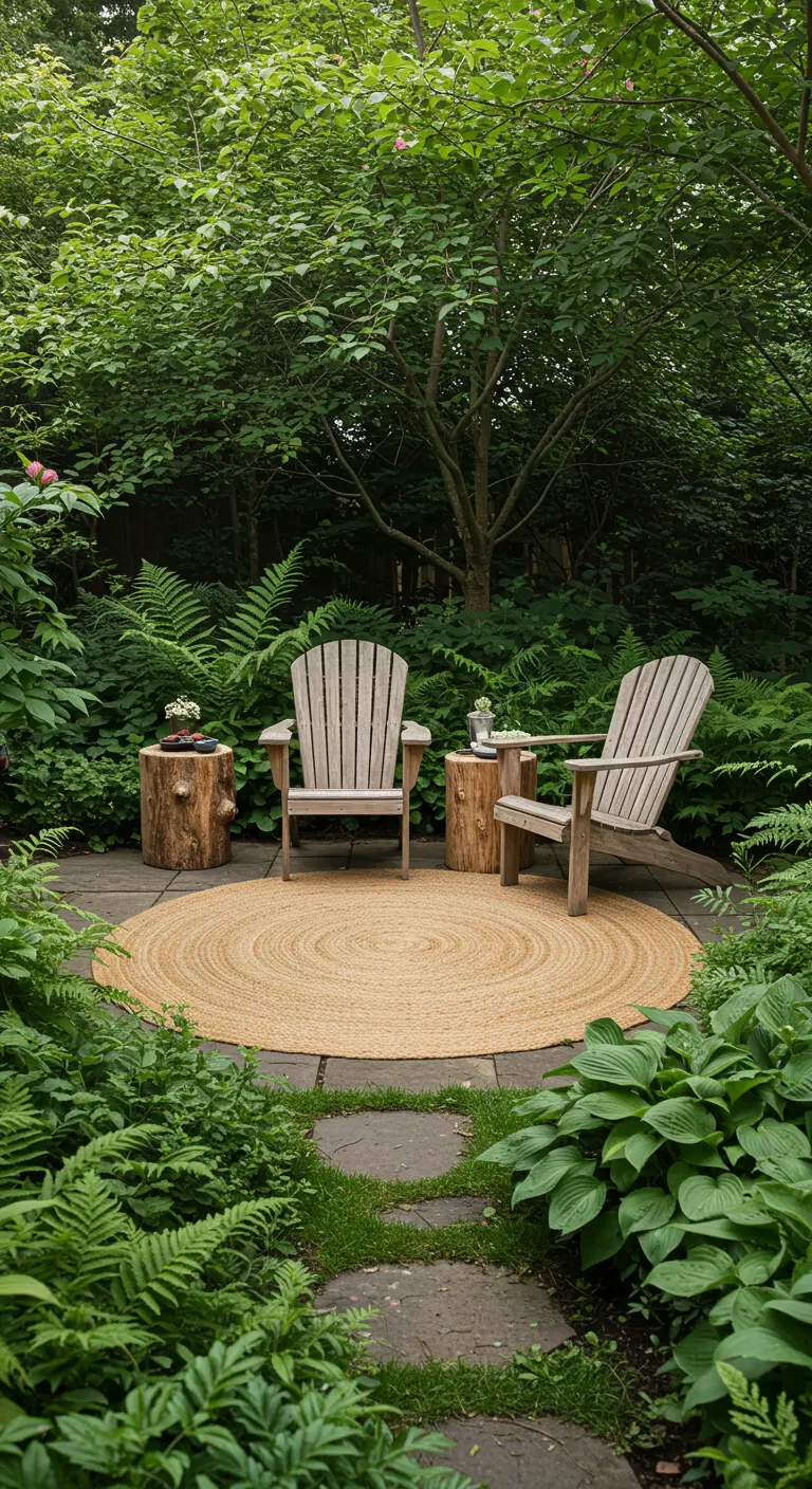 Beschutte tuinzitplek met houten stoelen op een rond jute kleed, omringd door varens en planten.