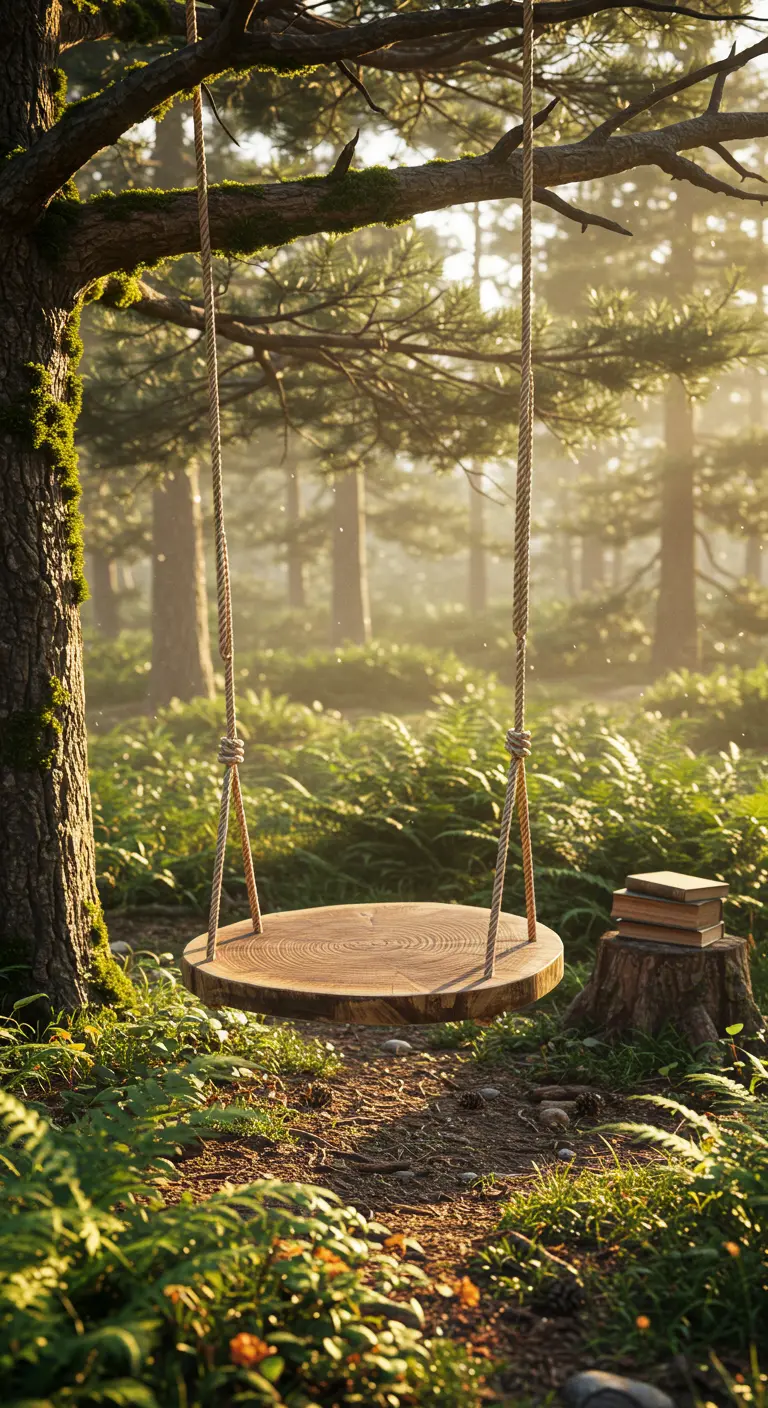 Ronde houten schijf schommel hangend aan boom in een zonovergoten bos.