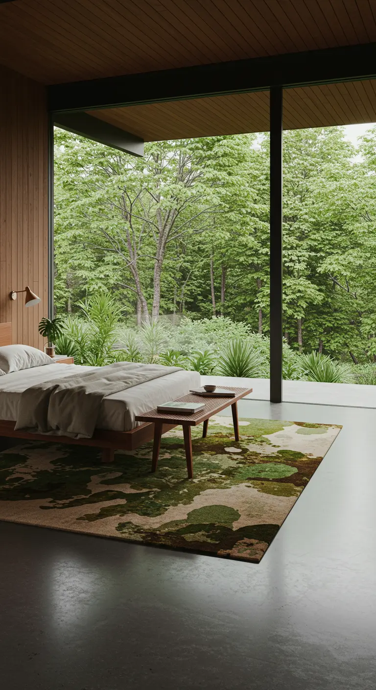 Slaapkamer met walnoothouten bed, uitzicht op bos en vloerkleed met groen mospatroon.