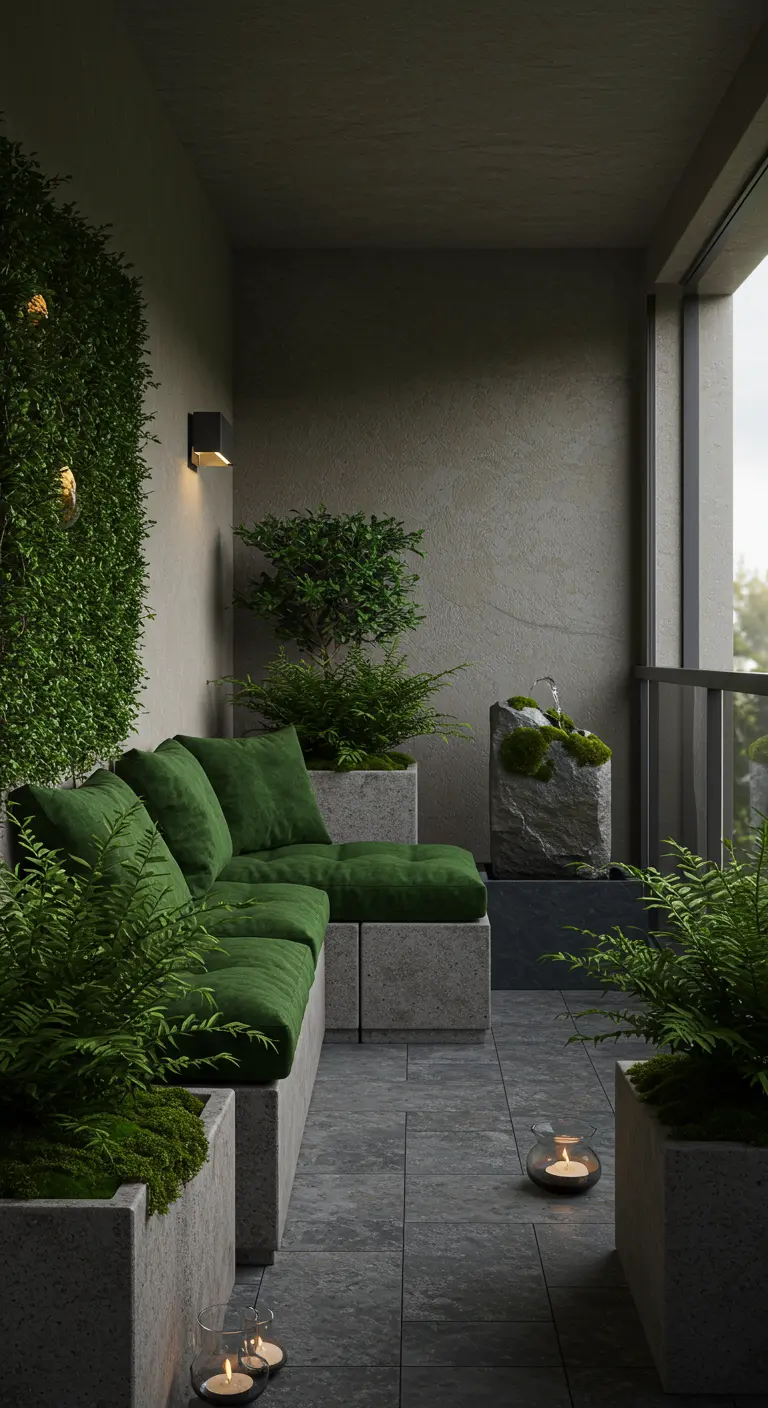 Minimalistisch balkon met betonnen loungebank, mosgroene kussens, verticale tuin en kaarslicht.