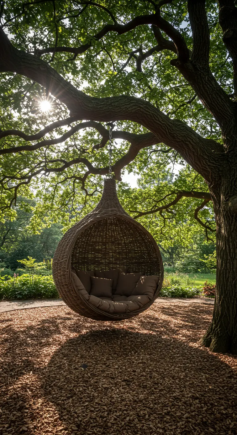 Grote, druppelvormige rotan hangstoel gevuld met kussens, hangend aan een boomtak.