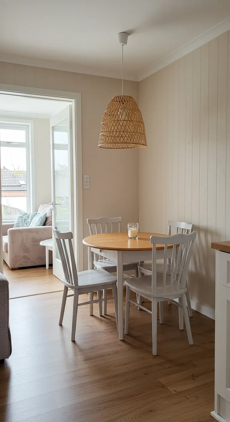 Eethoek met ronde houten tafel, witte stoelen en rotan hanglamp.