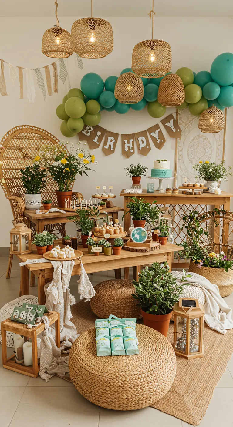 Rustiek boho verjaardagsfeest met planten, rotan, houten meubels en ballonnen.