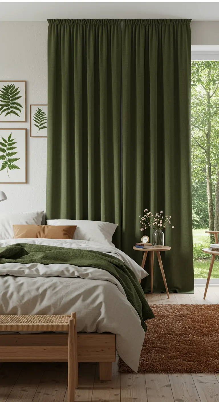 Landelijke slaapkamer met olijfgroene linnen gordijnen.