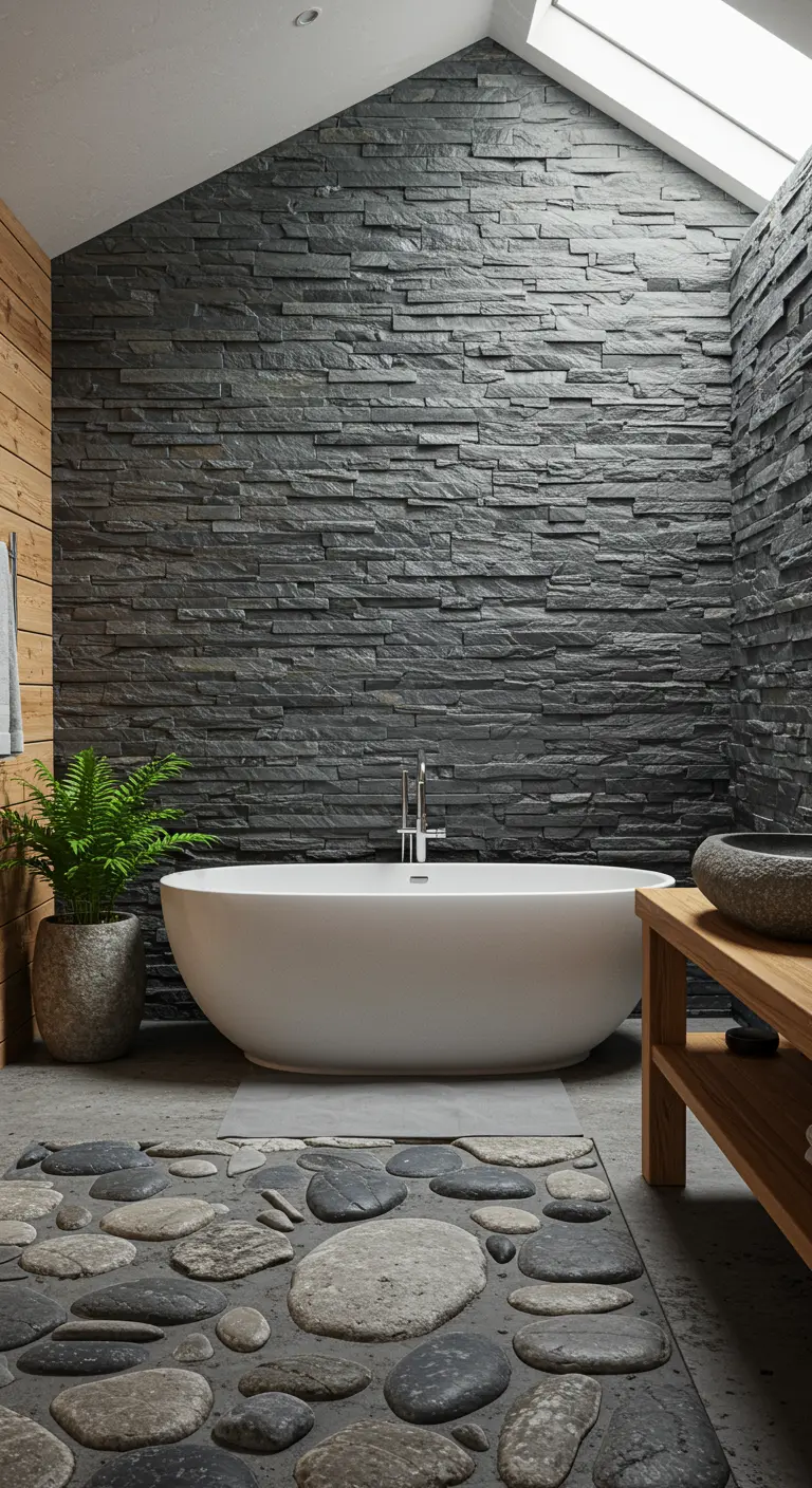 Wabi-sabi badkamer met leisteen muur, kiezelvloer rond het bad en houten accenten.