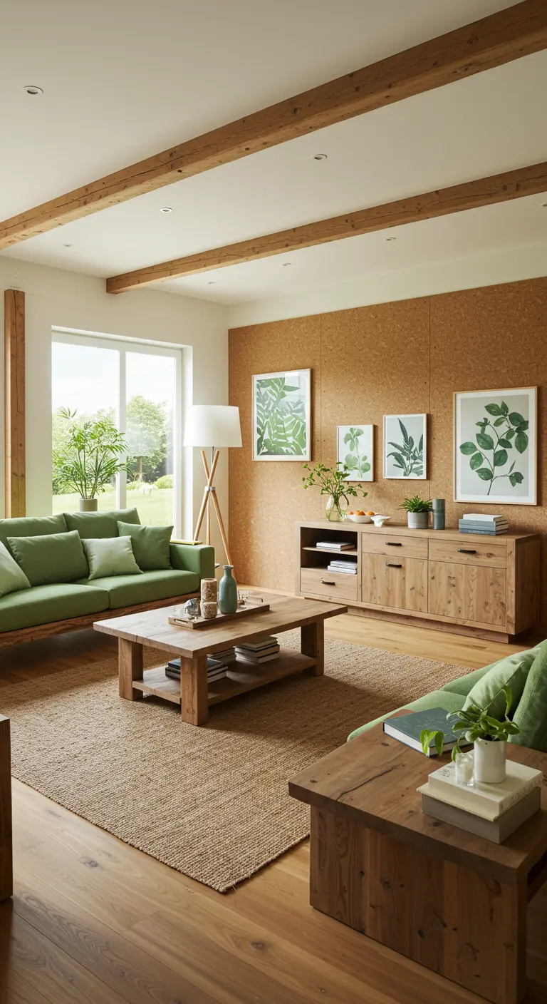 Scandinavische woonkamer met kurkwand, houten meubels en botanische prints.