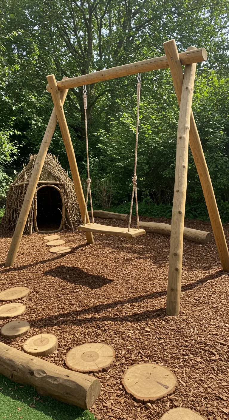 Eenvoudige houten plankenschommel in een natuurlijke speelplek met boomstammen en een wilgenhut.