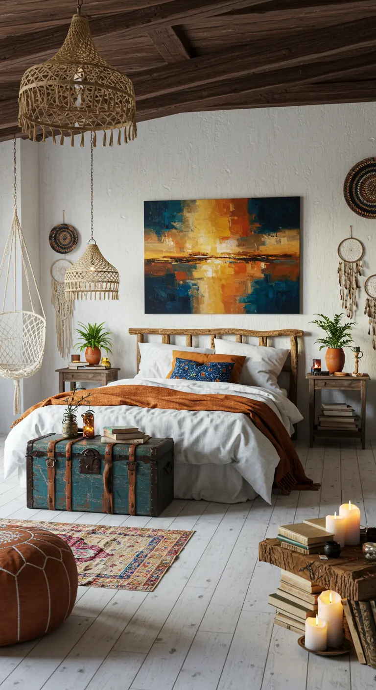Bohemian slaapkamer met hoofdbord van boomstammen, warm kunstwerk, macramé hanglampen.