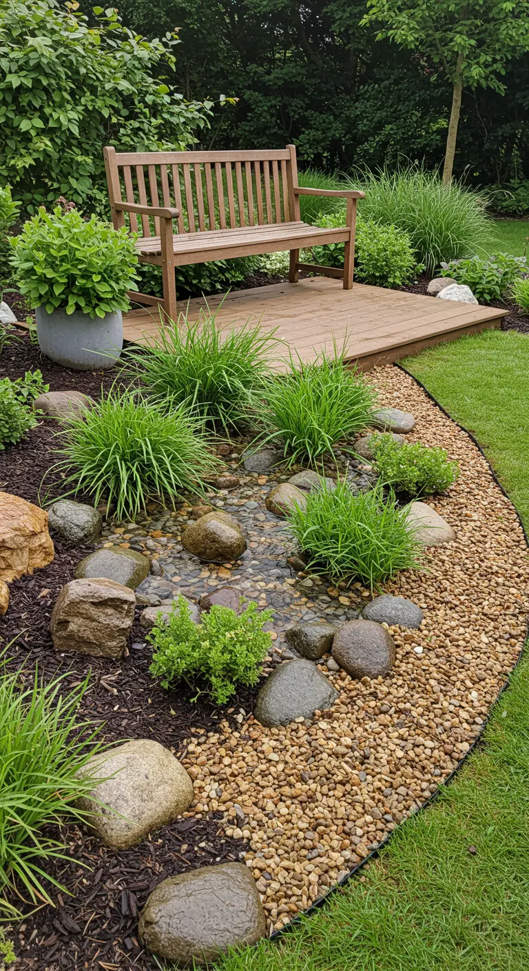 Natuurlijke tuin met een droge rivierbedding van keien en grind, siergrassen en een houten bankje.