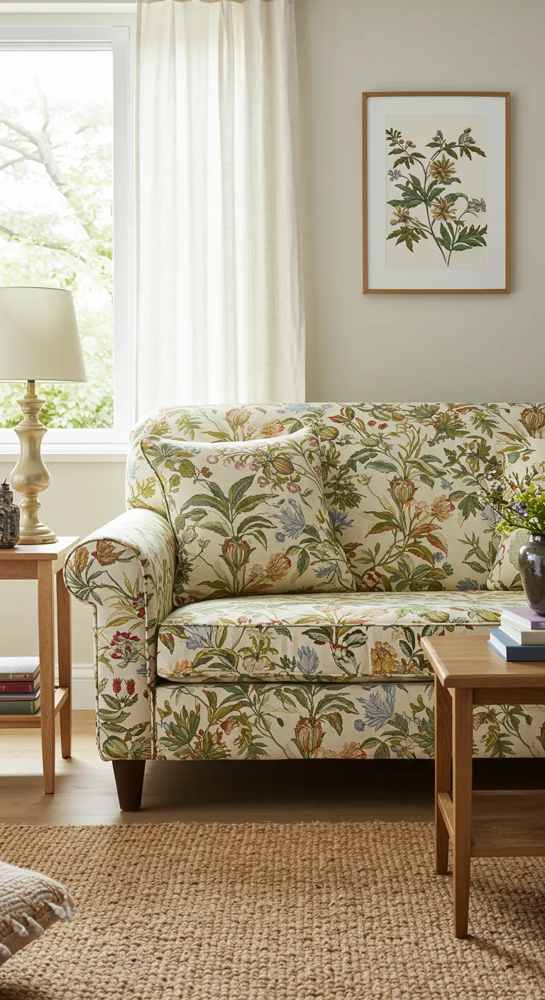 Bank met levendige botanische bloemenprint in een lichte woonkamer.