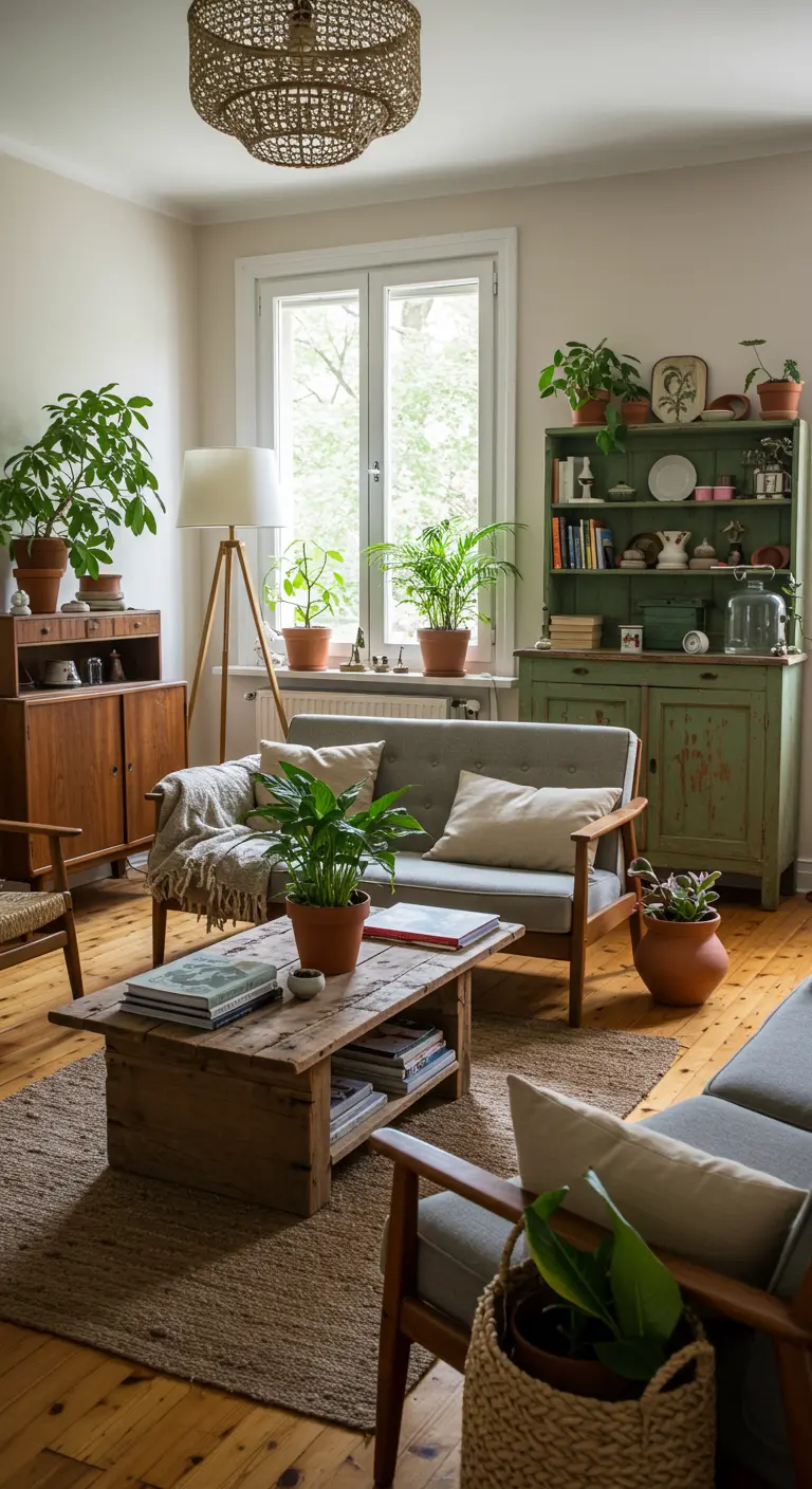 Lichte woonkamer met vintage houten meubels, veel groene planten en een lichte bank.