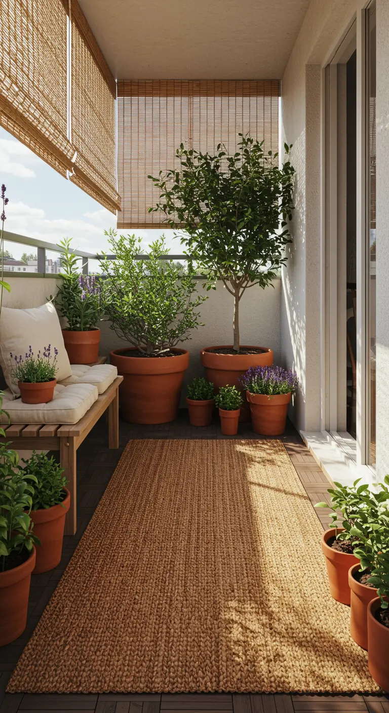 Balkon met jute buitenkleed, houten bankje en terracotta potten.