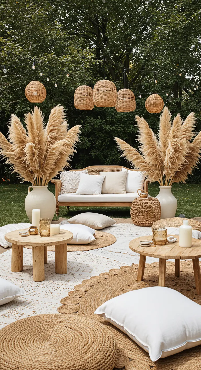 Natuurlijke boho buitenlounge met pampasgras, rotan lampen, kussens en jute vloerkleden.
