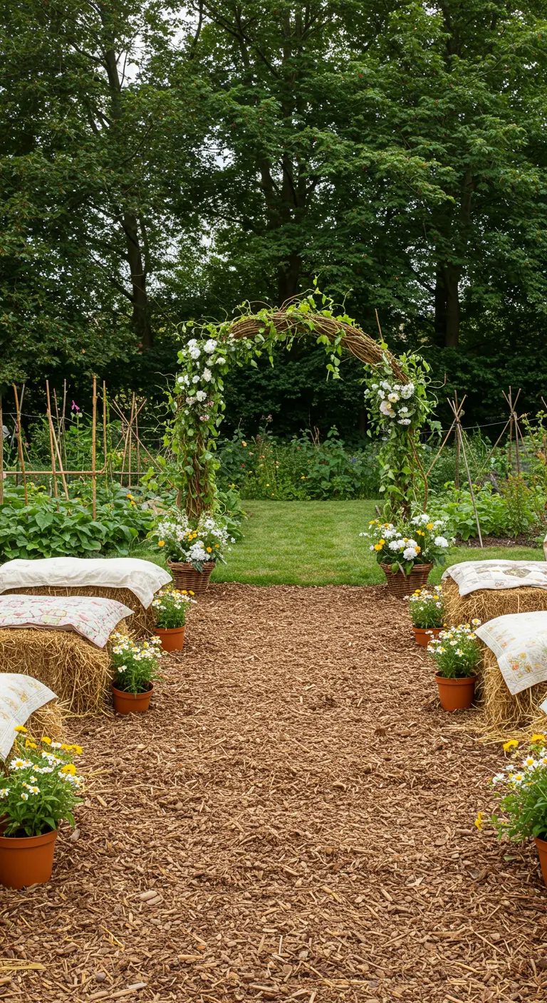 Landelijke ceremonie in moestuin met natuurlijke takkenboog en hooibalen.