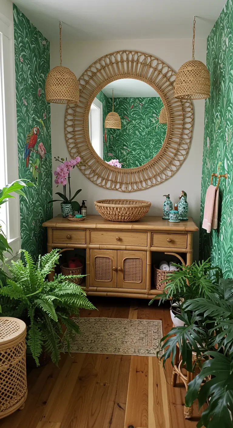 Bohemian badkamer met een grote ronde spiegel met rieten lijst en botanisch behang.