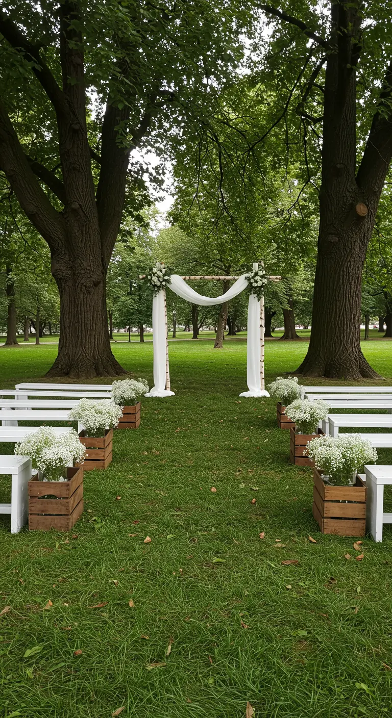 Houten ceremonieboog met witte doeken en bloemen, witte bankjes en kistjes met gipskruid.
