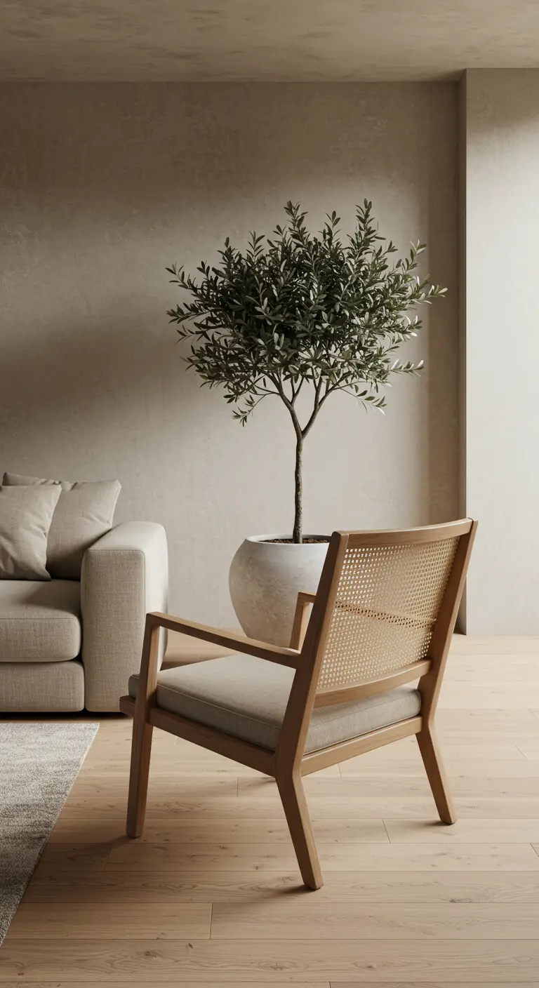 Minimalistische ruimte met beige bank, houten fauteuil met webbing en een olijfboom in een pot.