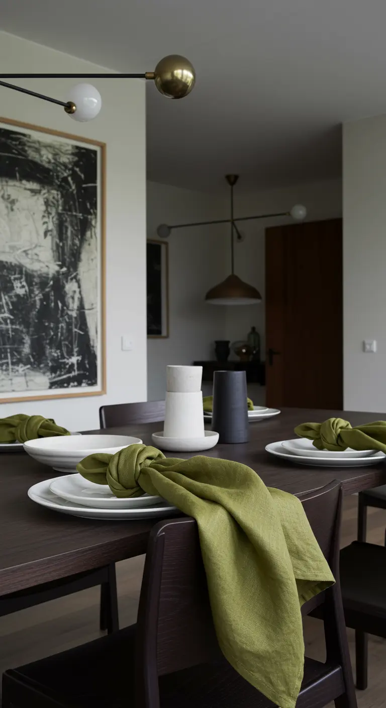 Modern gedekte eettafel met witte borden en grote, olijfgroene linnen servetten geknoopt.