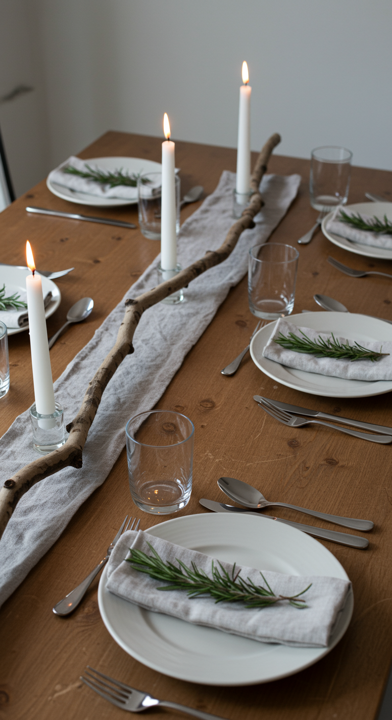 Eettafel gedekt met een tak als centerpiece en rozemarijn op de borden.