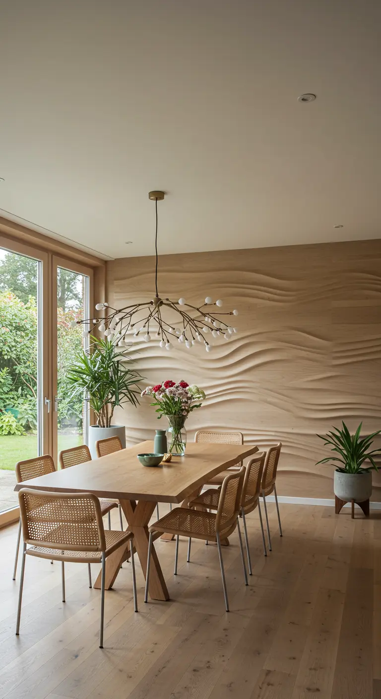Eetkamer met een licht houten 3D wandpaneel met golvende organische vormen.