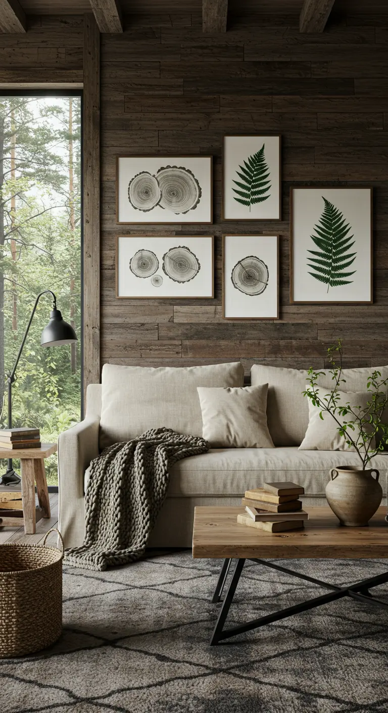 Rustieke woonkamer met houten wand en prints van boomringen en varens.