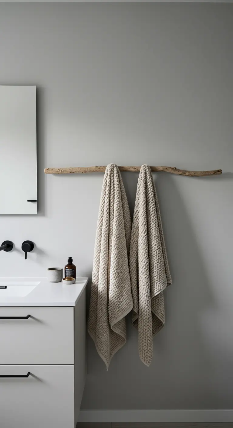 Stuk drijfhout aan de muur als handdoekstang met beige handdoeken.