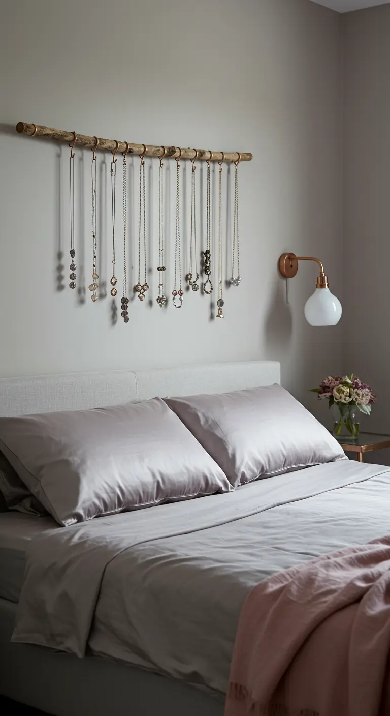 Houten tak aan de muur gebruikt als hanger voor kettingen en sieraden.