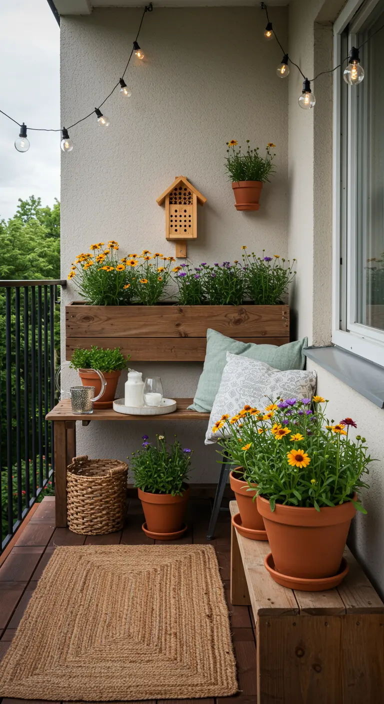 Gezellig balkon met houten bankje, insectenhotel, jute kleed en veel kleurrijke bloemen.