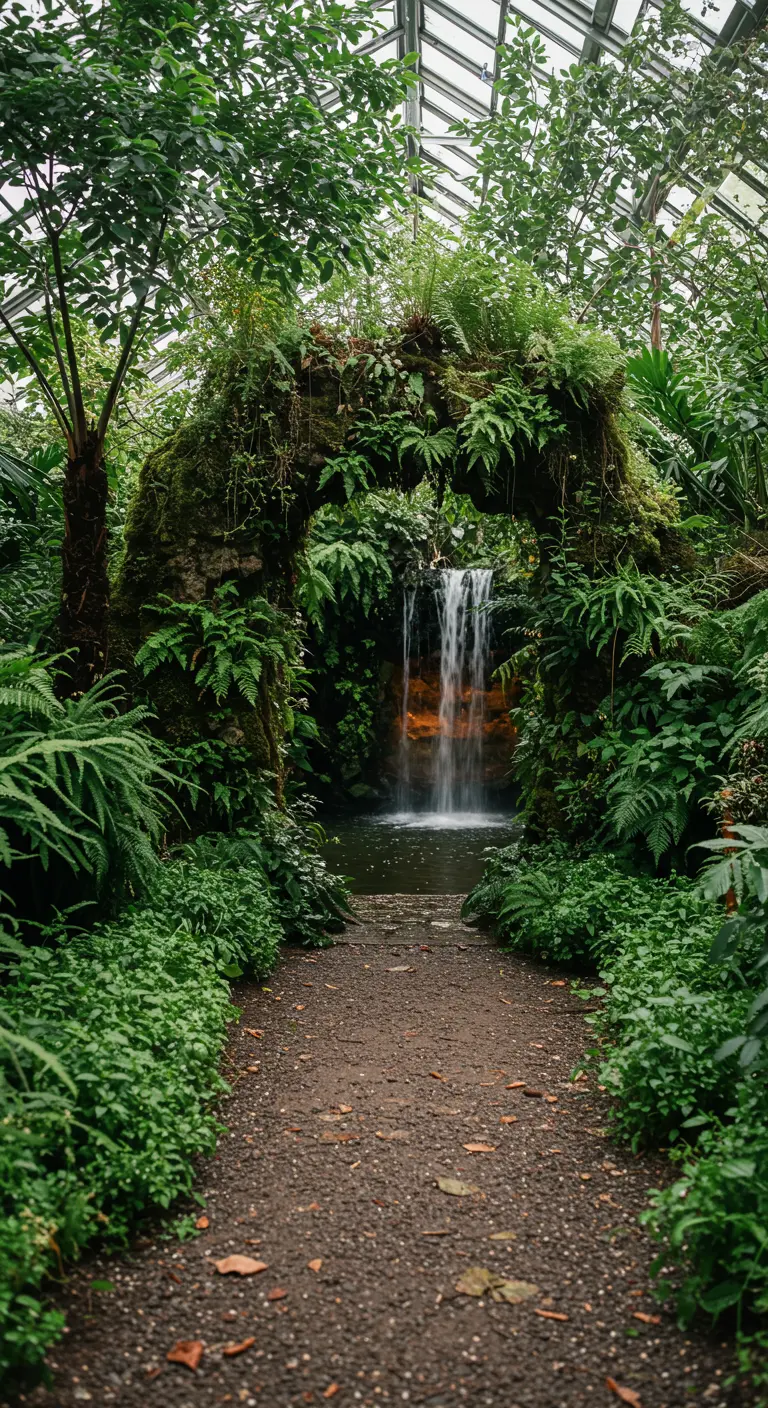Groene botanische boog met ingebouwde waterval en natuurlijk pad.