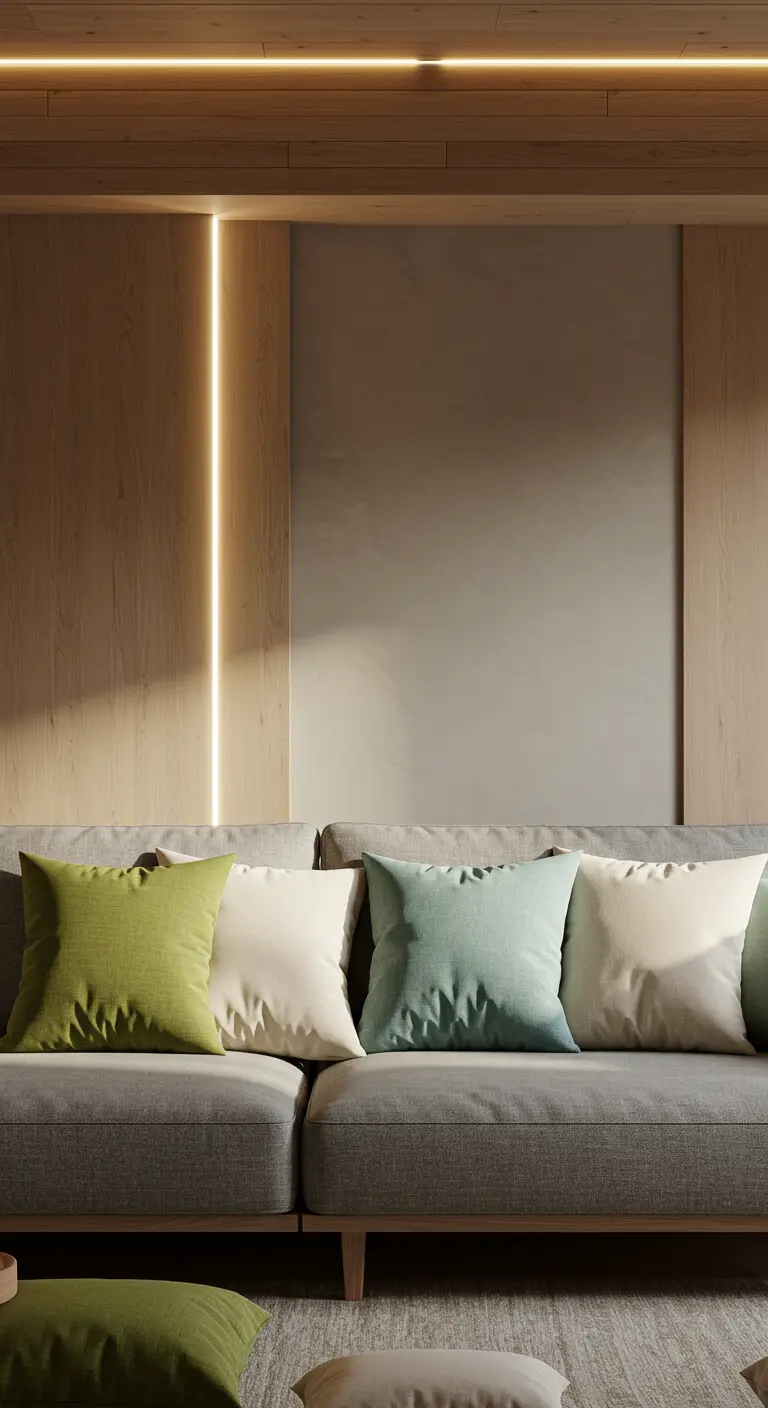 Grijze bank met gedempte groene, blauwe en crèmekleurige kussens in een woonkamer met houten panelen.