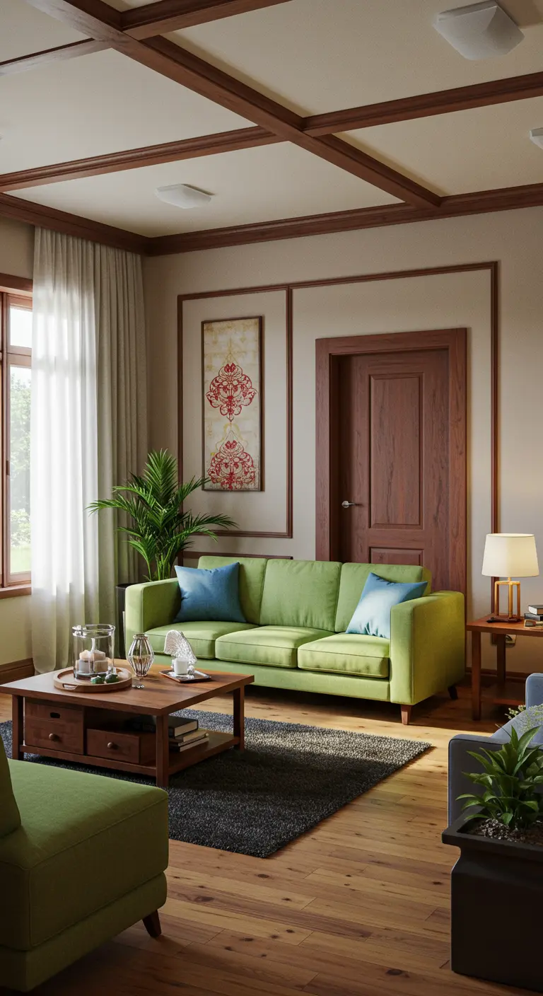 Woonkamer met houten vloer en details, groene bank en kamerplanten.