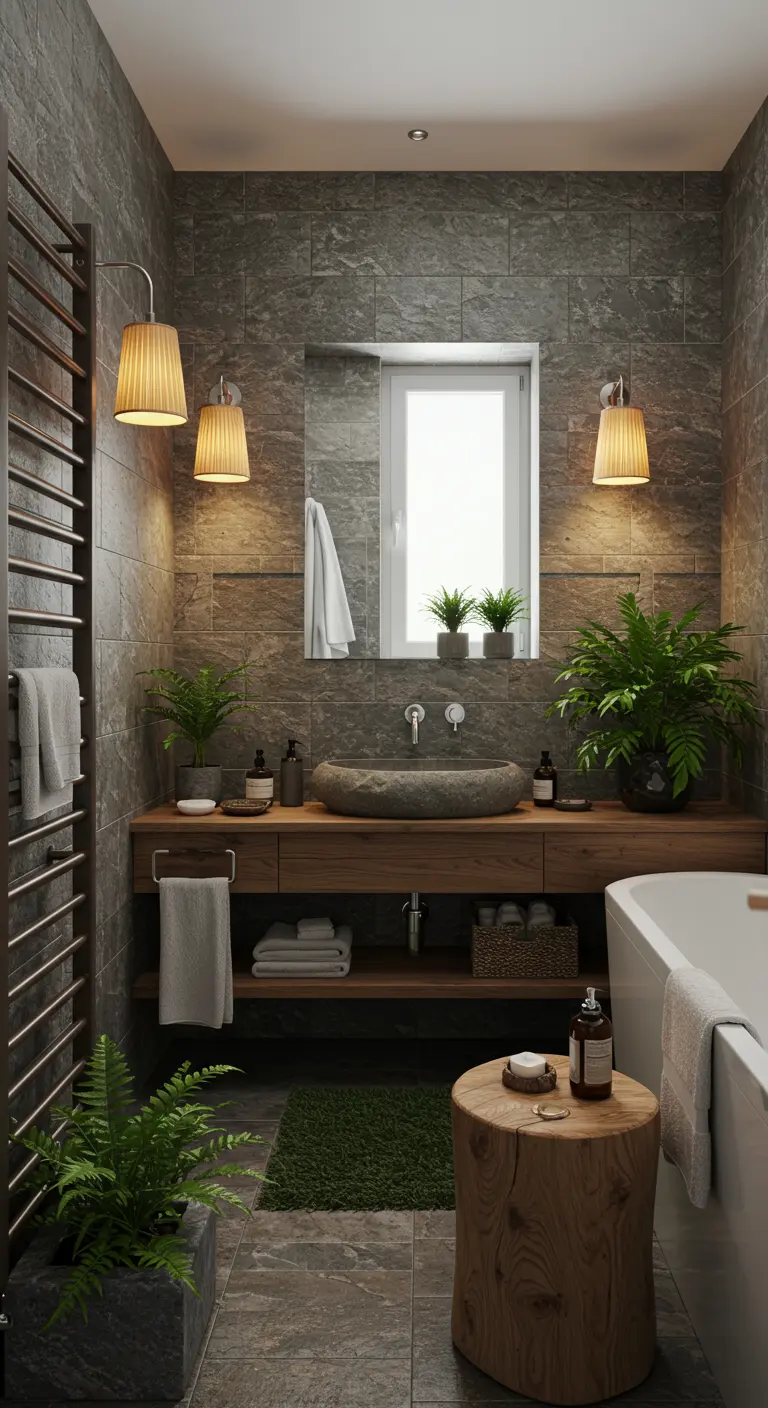 Badkamer met natuurstenen tegels, houten meubel en hangende kaplampen.