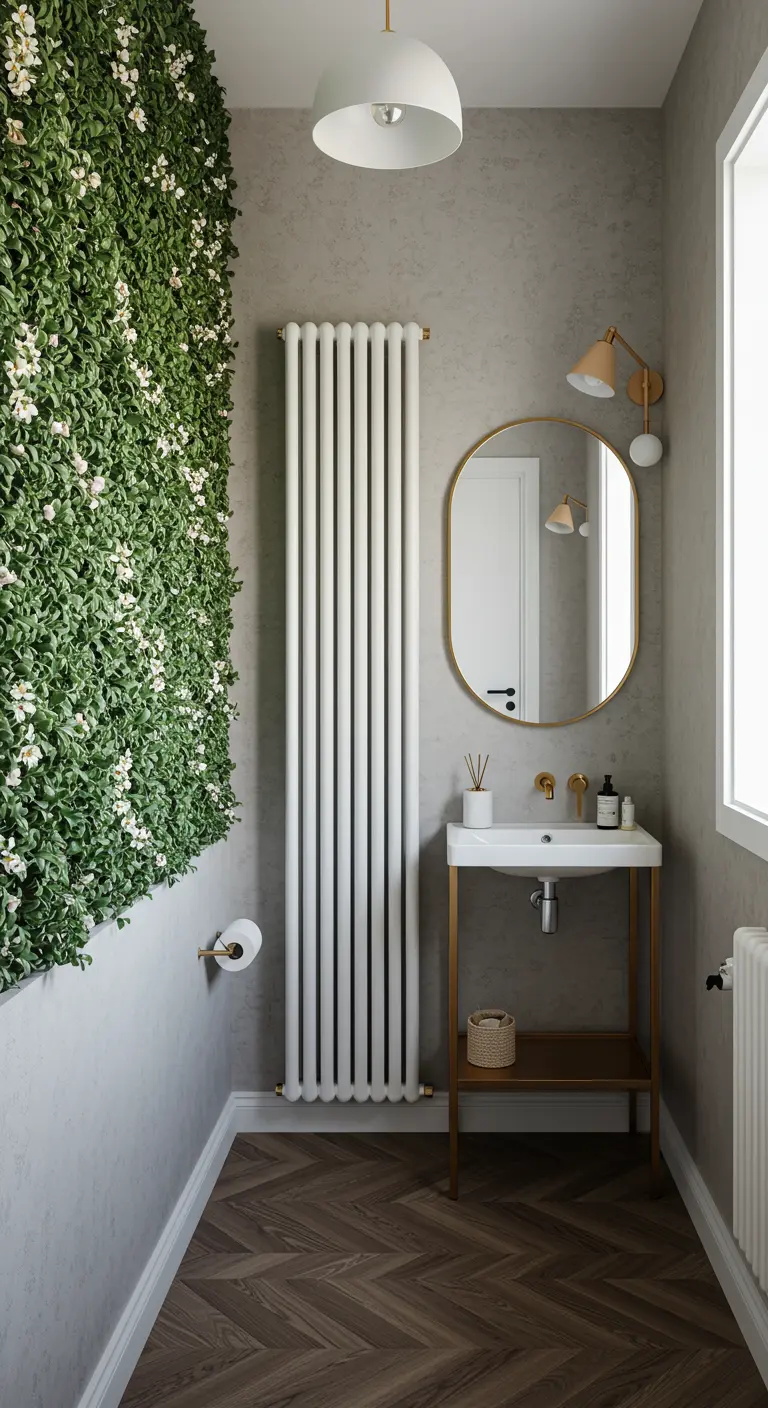 Witte verticale designradiator naast een weelderige groene plantenwand in smalle badkamer.