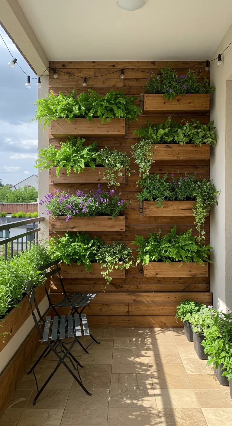 Verticale tuin met gestapelde houten planken en ingebouwde plantenbakken vol groen op balkon.