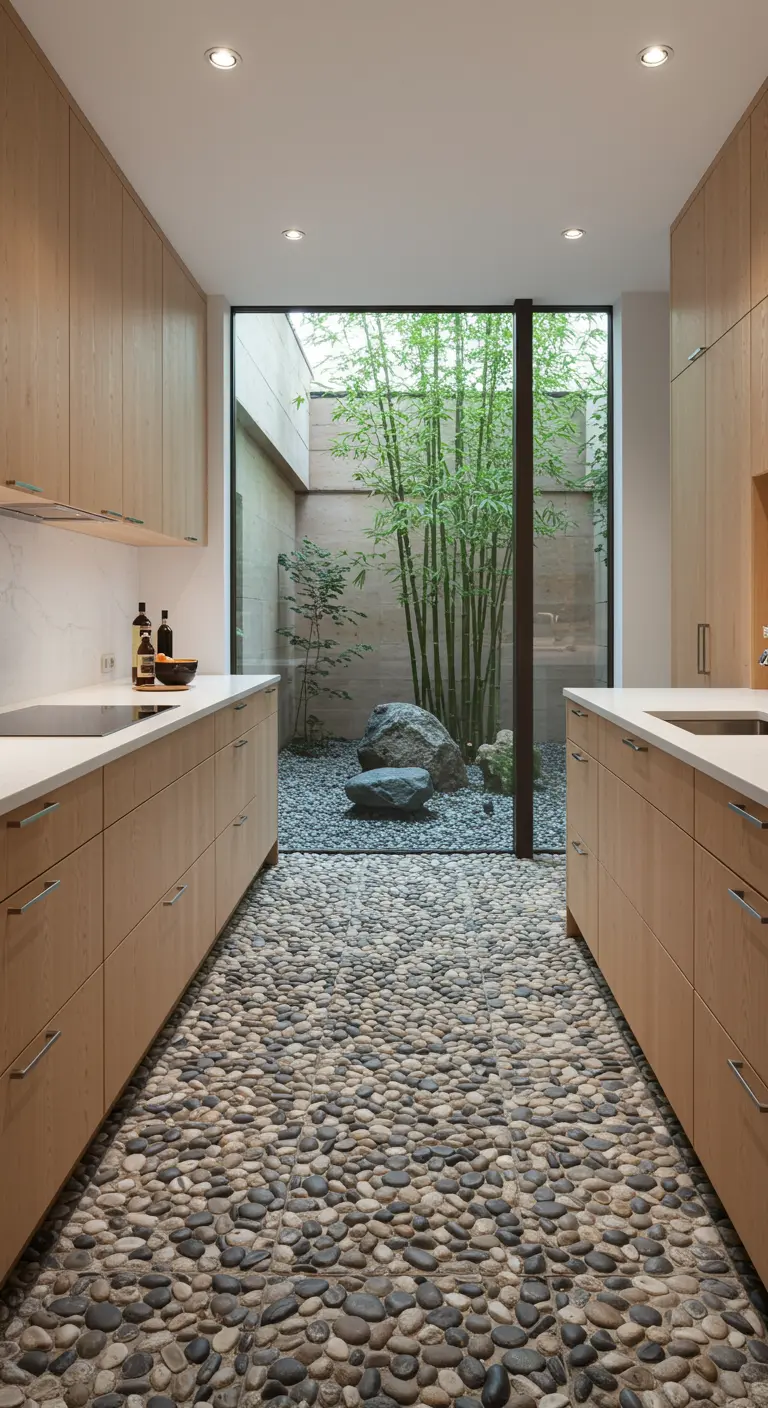 Minimalistische keuken met kiezelstenen vloer en groot raam naar een groene binnentuin.