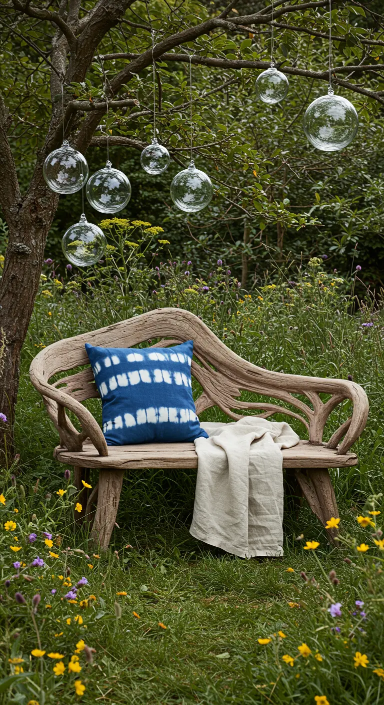 Organisch gevormde houten bank met shibori kussen en glazen bollen in boom.
