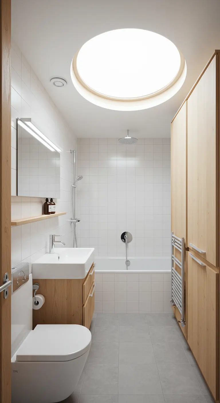 Badkamer met wit plafond en grote ronde lichtkoepel.
