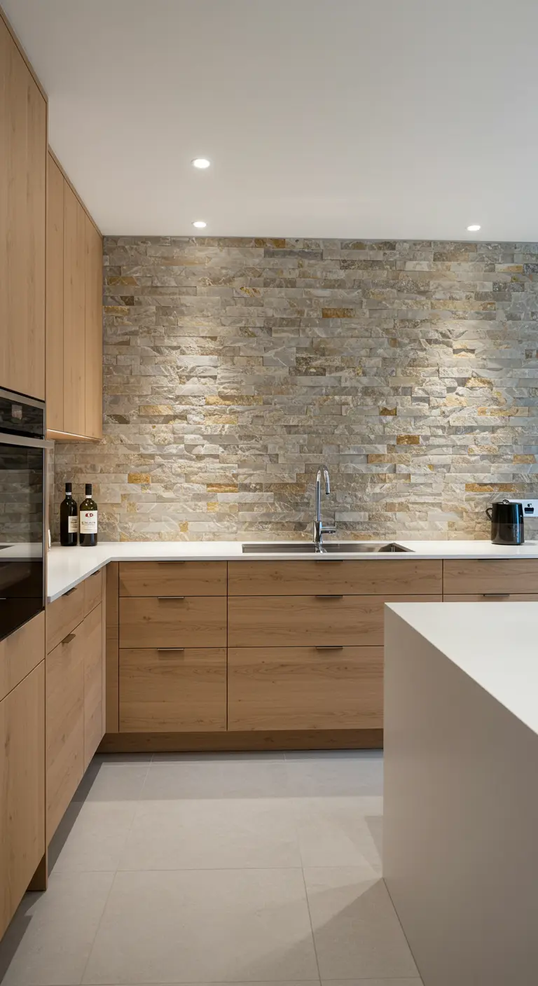 Keuken met houten kasten en een achterwand van natuursteenstrips, sfeervol verlicht.
