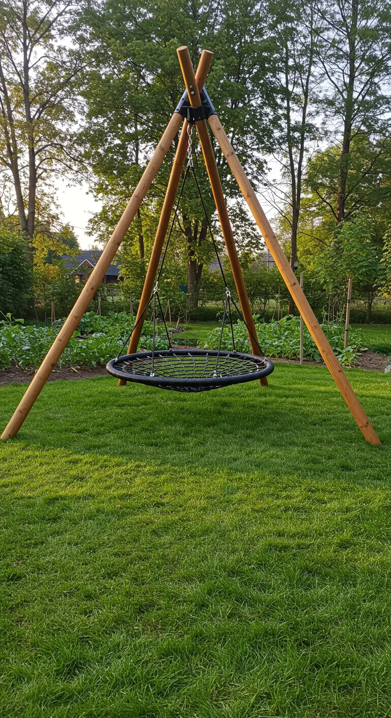 Zwarte ronde nestschommel hangend aan een houten A-frame in een groene tuin.