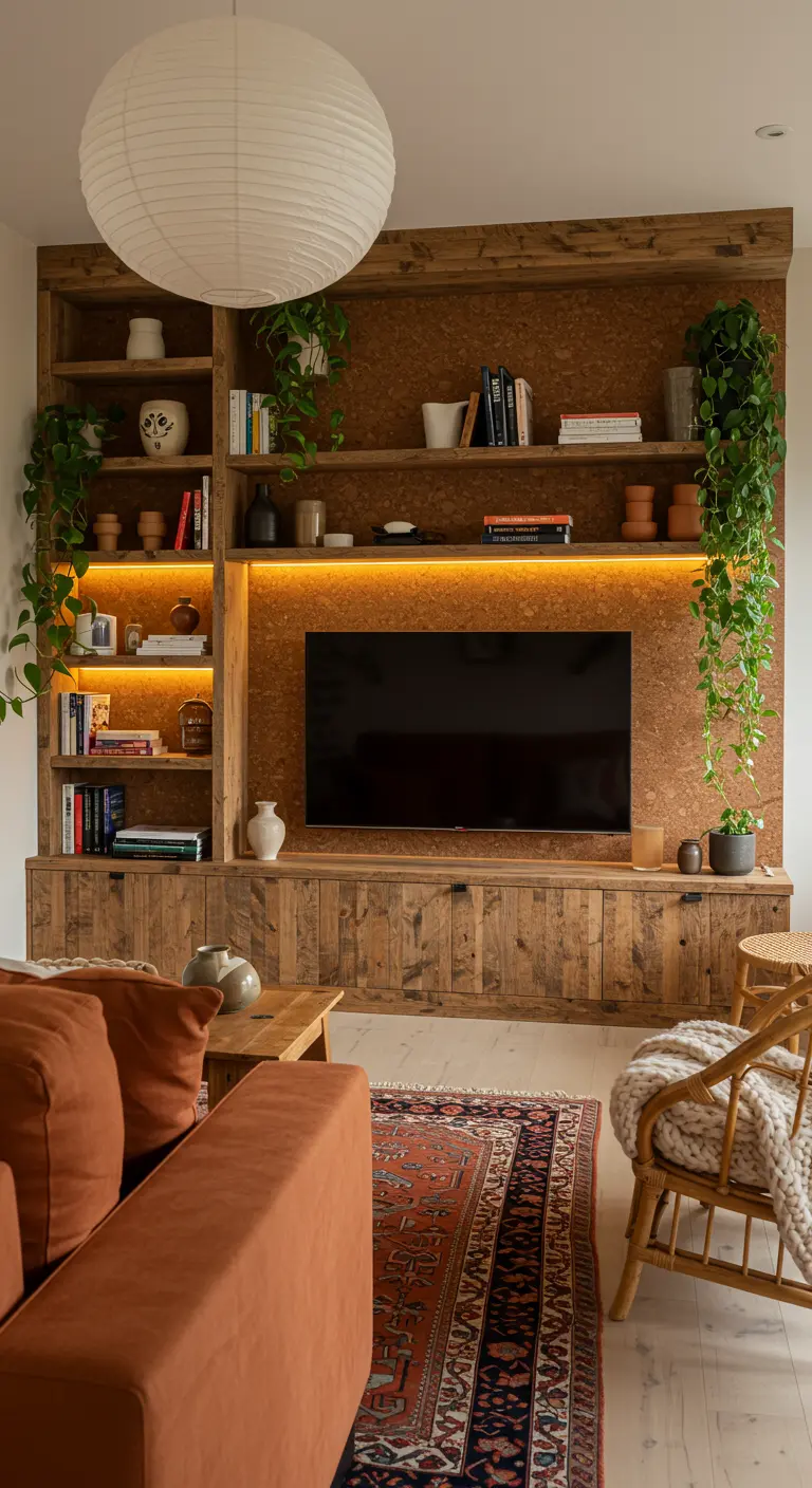 TV-hoek met houten inbouwkast, kurk achterwand en LED-verlichting.
